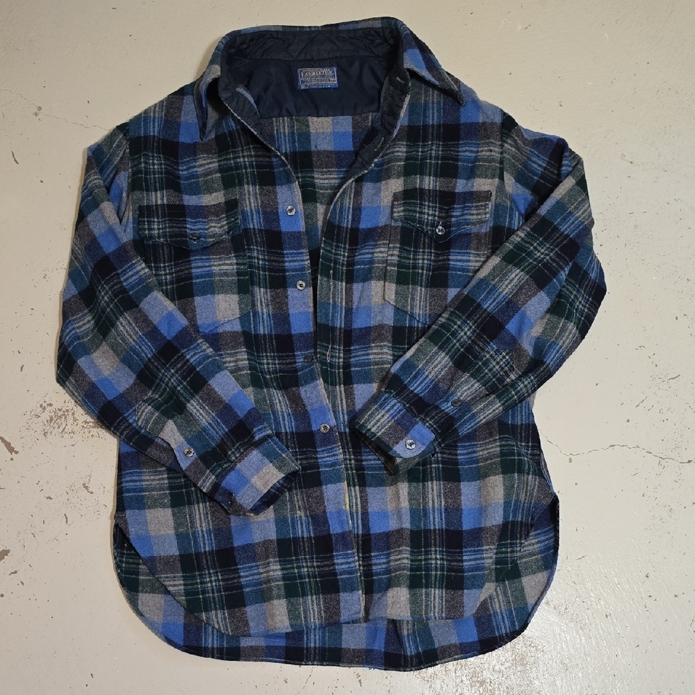 1960s Pendleton Plaid Virgin Wool Men's Shirt Green Blue Size 16 1/2 Flawed